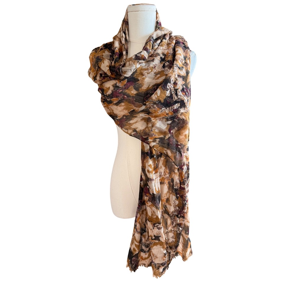 Abstract Floral Sequin Beaded Scarf Mustard Brown Burgundy Frayed Edge Wrap